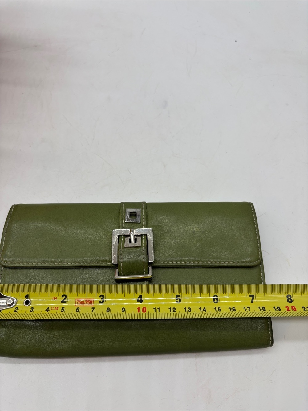 Perlina Olive Green Leather Clutch with Silver Buckle - Picture 9 of 9